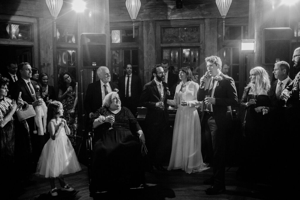 black and white photo of wedding speeches