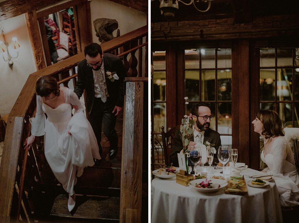 bride and groom descending staircase at their wedding reception and then share a moment at the sweetheart table