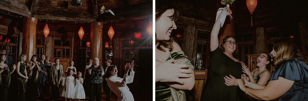 bride tossing bouquet to crowd and guest catching it