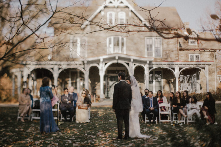 view of intimate awbury arboretum elopement ceremony