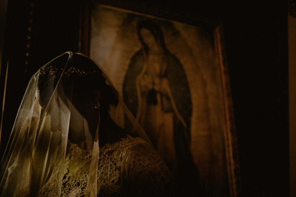 Artistic Dark Mood Photo Bride Foreground Virgin Mary Background
