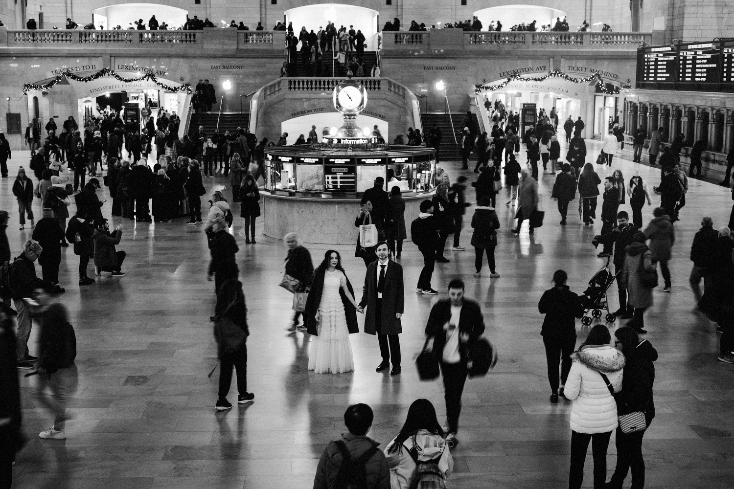Bride Groom Surrounded By Crowds At Grand Central Station Elopement