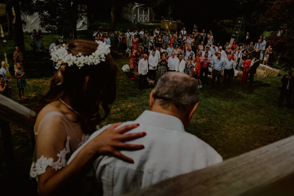 Bride Holding Father Entering Backyard Wedding Ceremony
