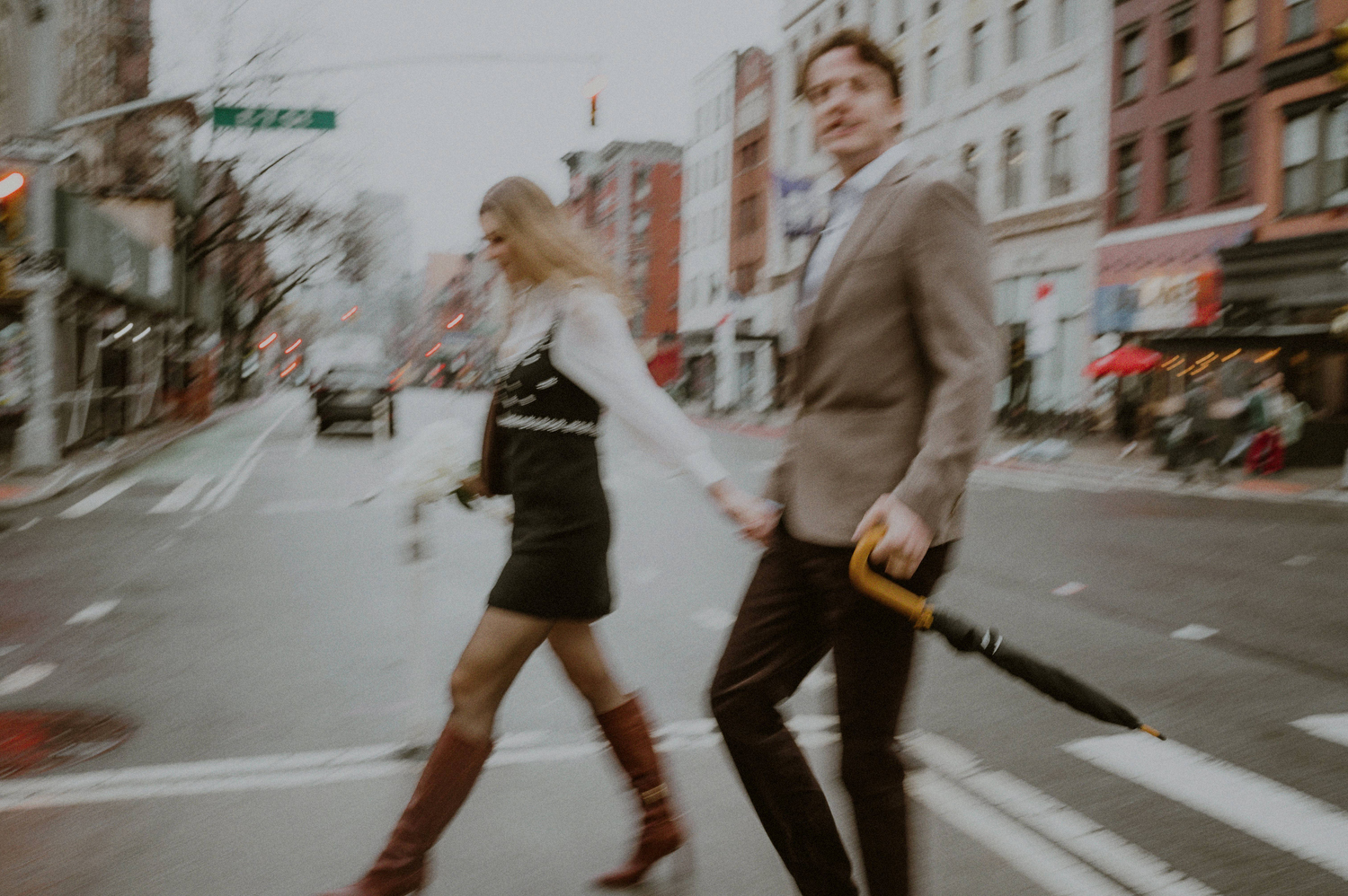 Couple Crossing Street Downtown Nyc Elopement