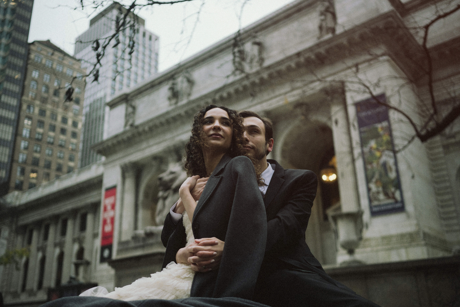 Couple Embraced Romantic Winter Ny Public Library Elopement