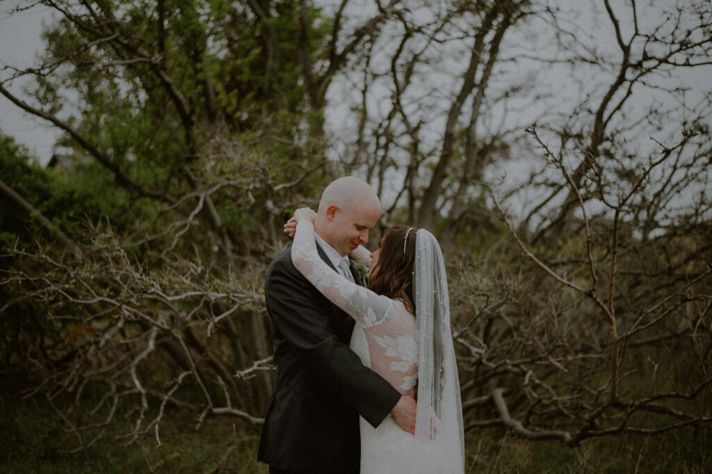 Romantic Pose With Bride Groom Embracing Sandy Hook Wedding