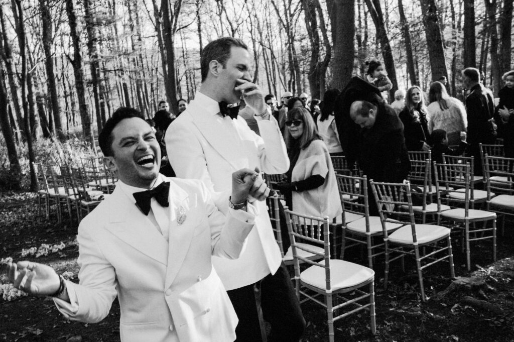 Same Sex Gay Wedding Grooms Laughing Exiting Ceremony Unposed Moment New York